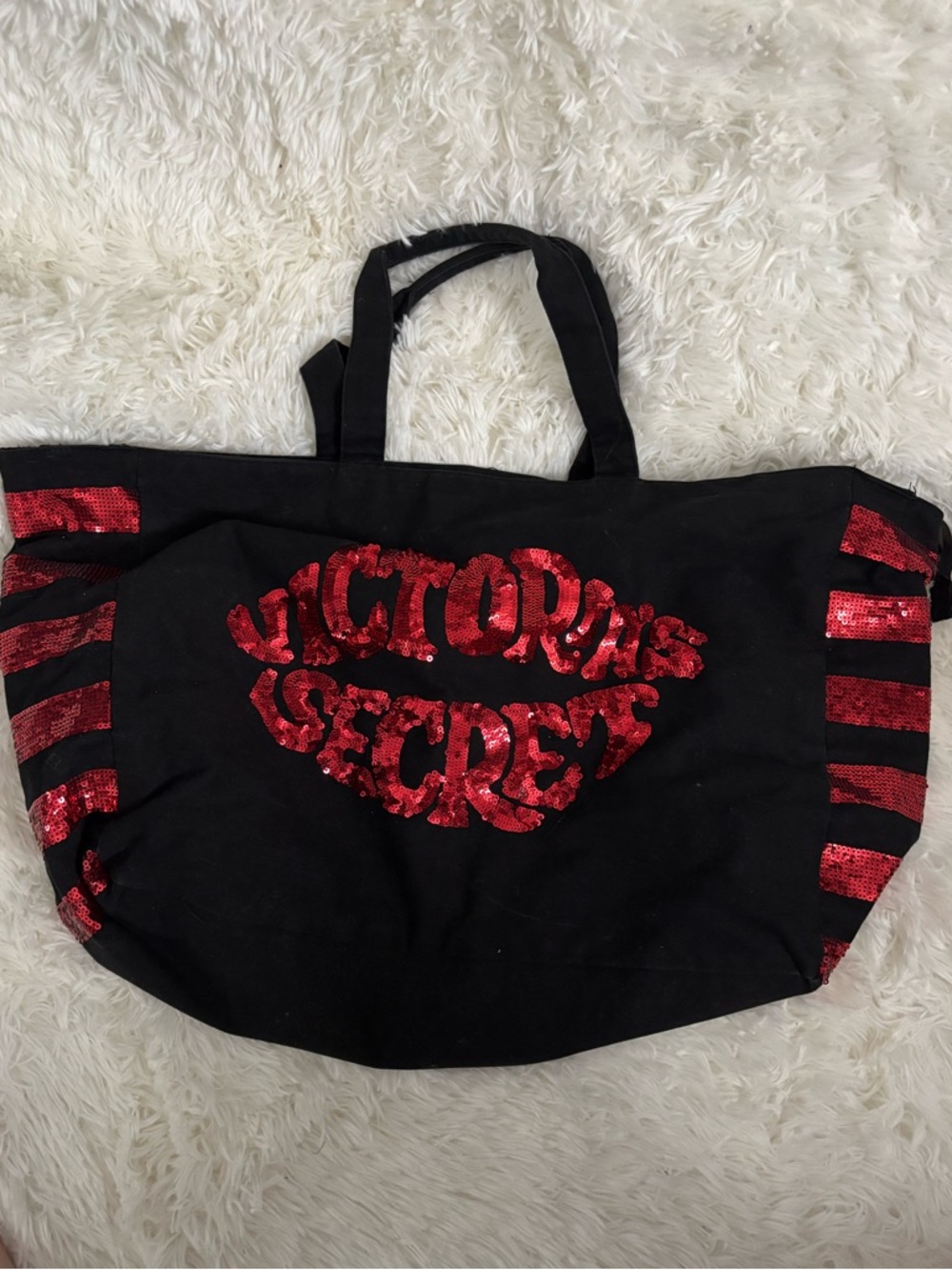 Victoria's Secret Black Tote with Red Sequin Lips Logo and Striped Sides